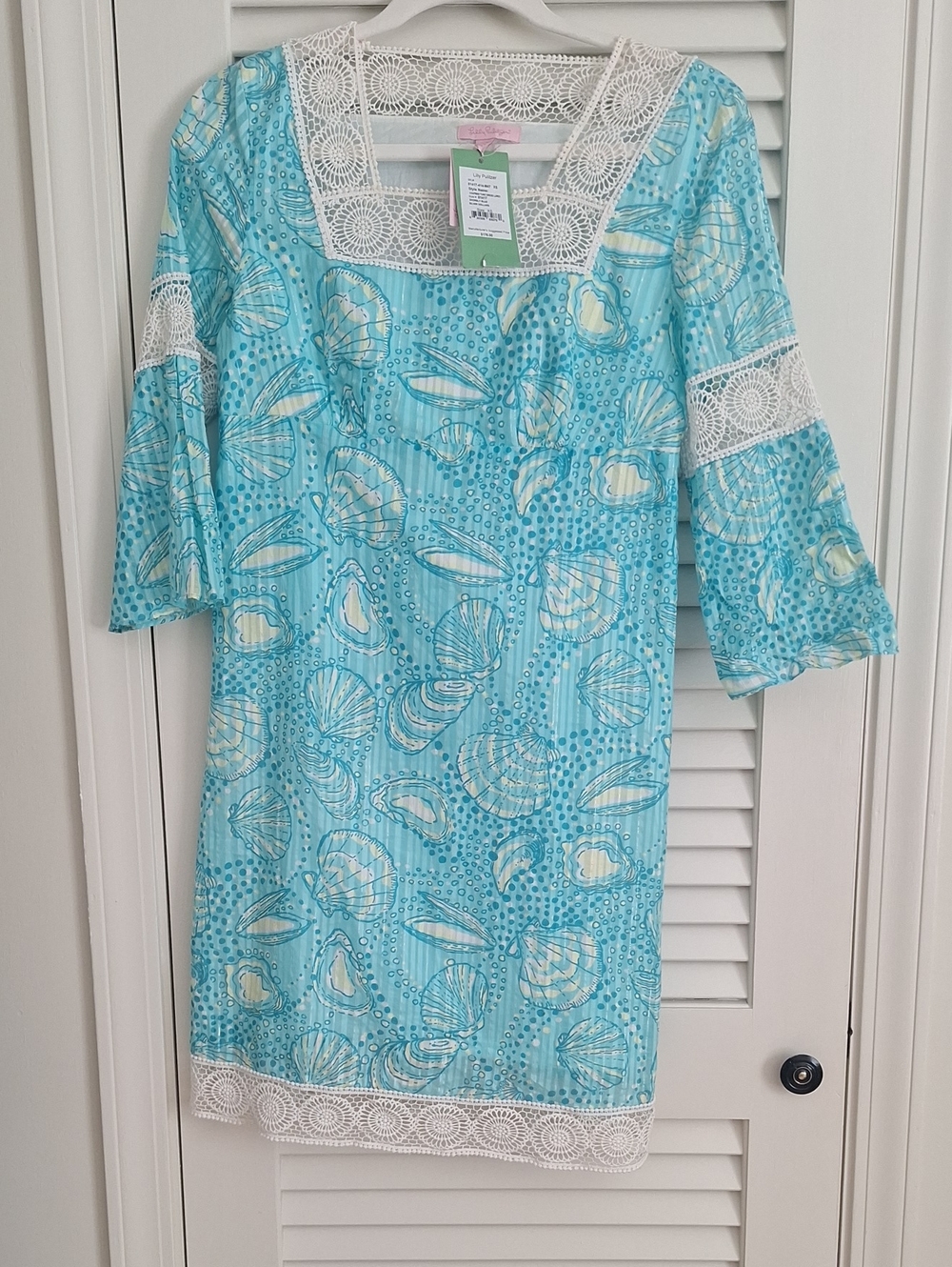 Lilly Pulitzer Aqua Shell-Print Mini Dress with White Lace